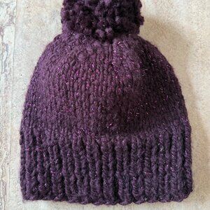 Hand Knit Purple Sparkle Hat with PomPom, 20% Wool, 80% Acrylic, New